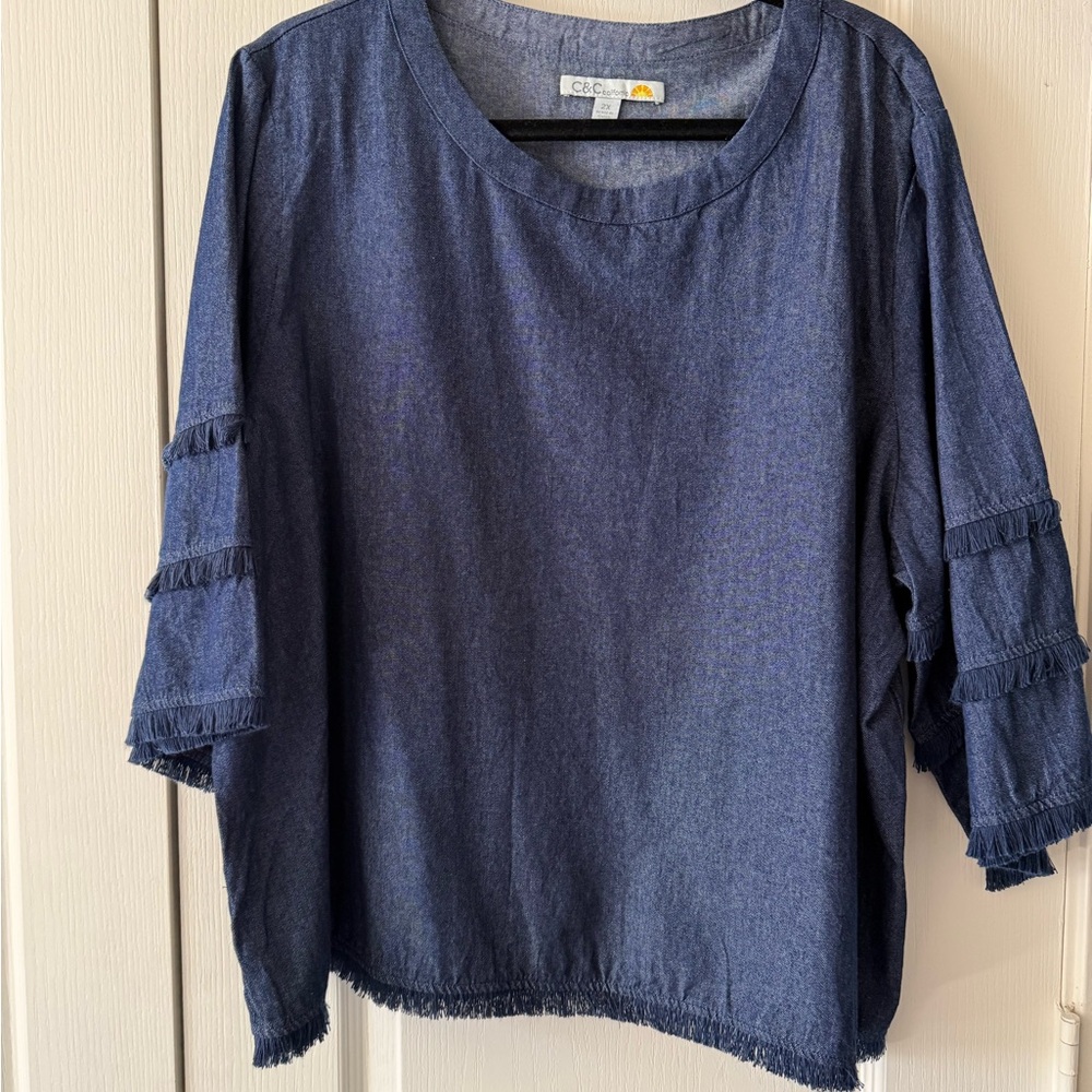 Navy Chambray Top with Fringe Details